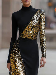 Elegant Black And Gold Sequin High-Neck Slit Maxi Dress