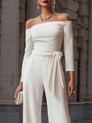 Asymmetric Off-Shoulder Belted Wide-Leg Jumpsuit