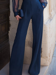 Navy Sheer Sleeve Belted Wide-Leg Jumpsuit