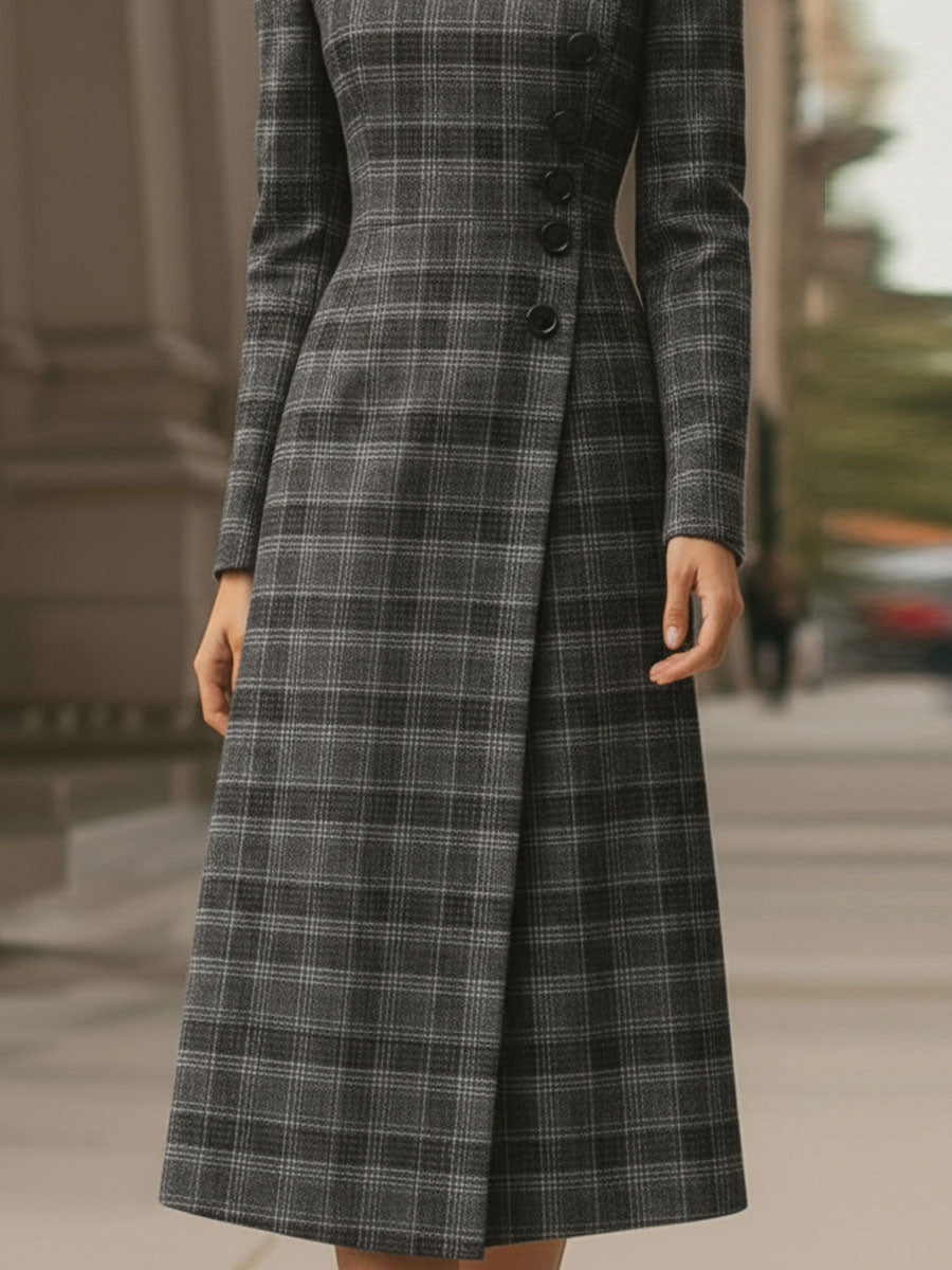 Elegant Plaid Asymmetric Button - Front Midi Dress