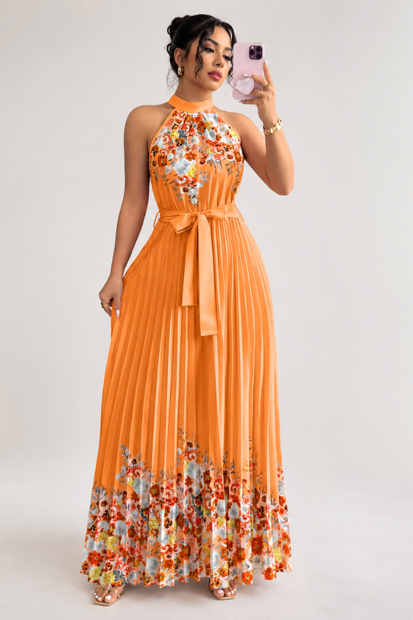 Floral Pleated Square Neck Midi Dresses