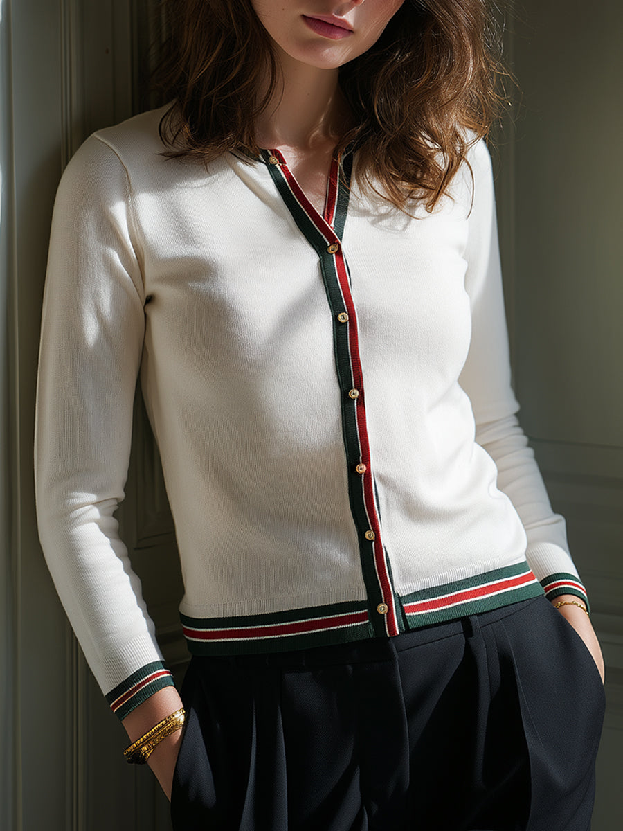 Trim Detail Button-Front Knit Cardigan