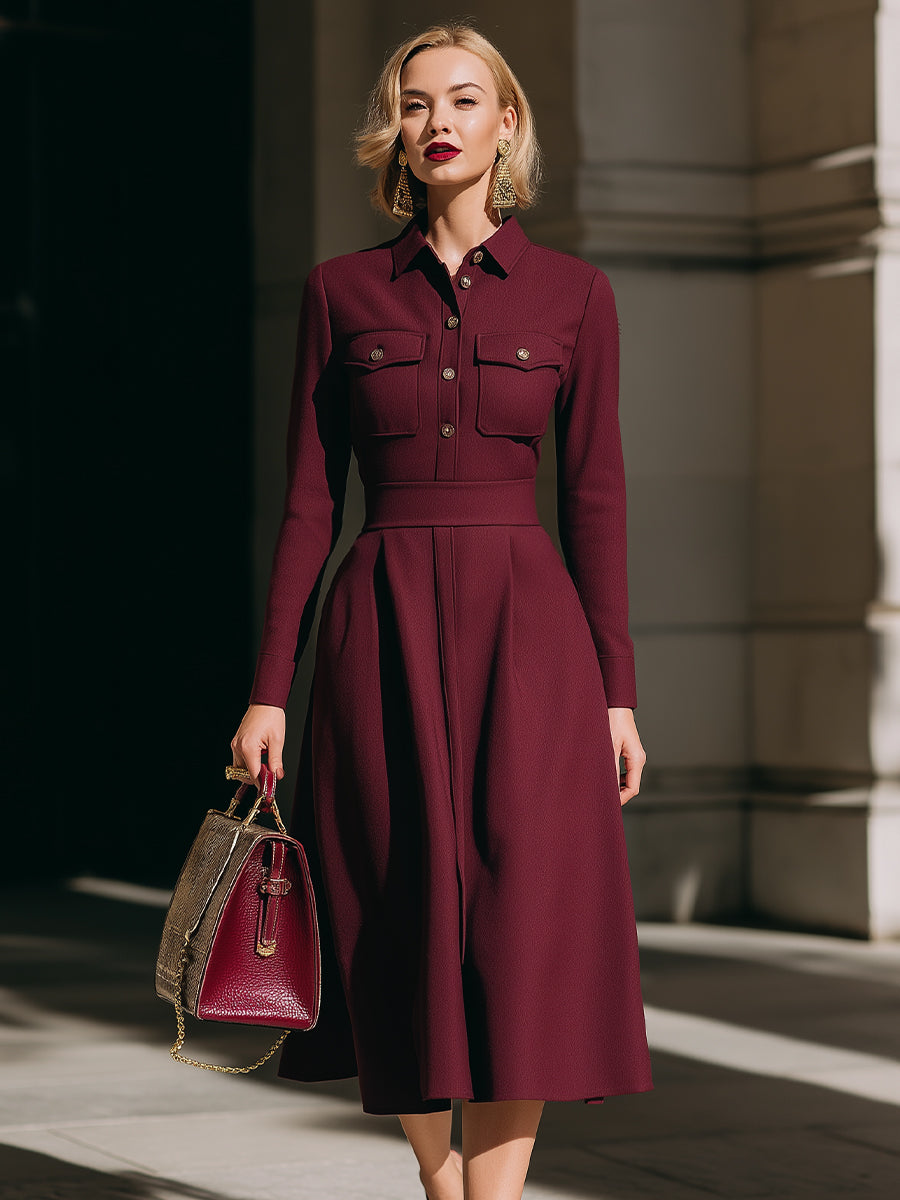 Burgundy Long-Sleeve Pleated Shirt Midi Dress