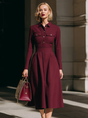 Burgundy Long-Sleeve Pleated Shirt Midi Dress