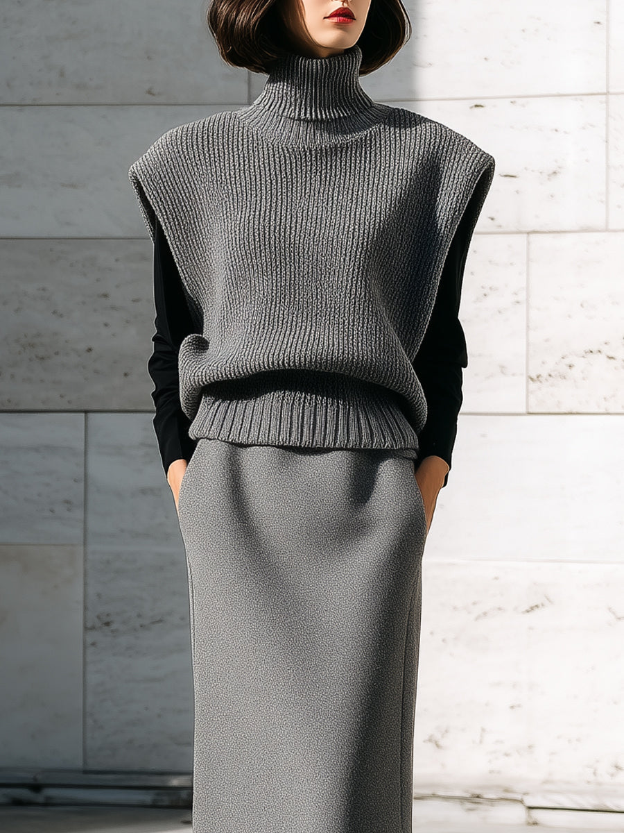 Gray Knit Turtleneck Vest And Midi Skirt Set