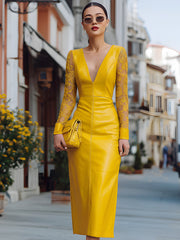 Elegant Faux Leather Midi Dress With Lace Sleeves