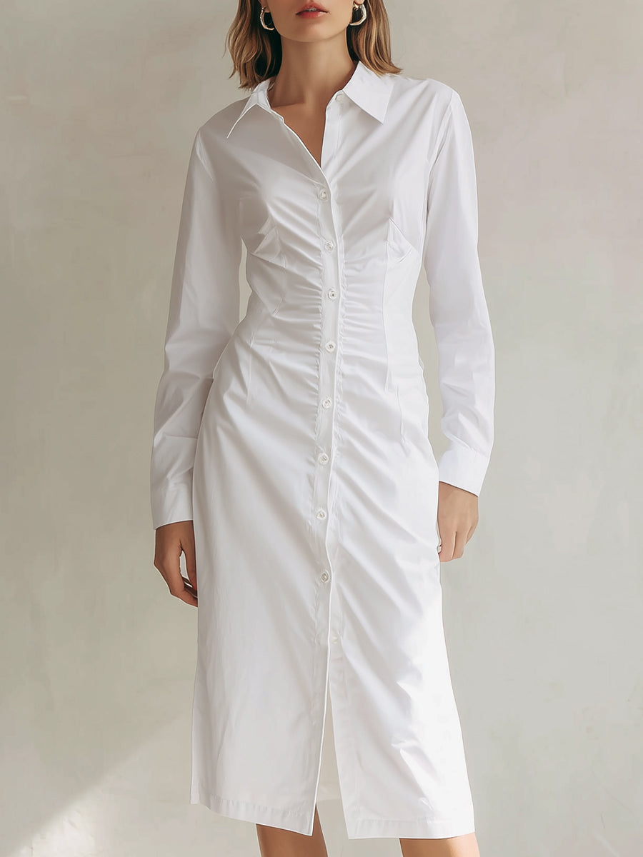 Elegant White Ruched Midi Shirt Dress
