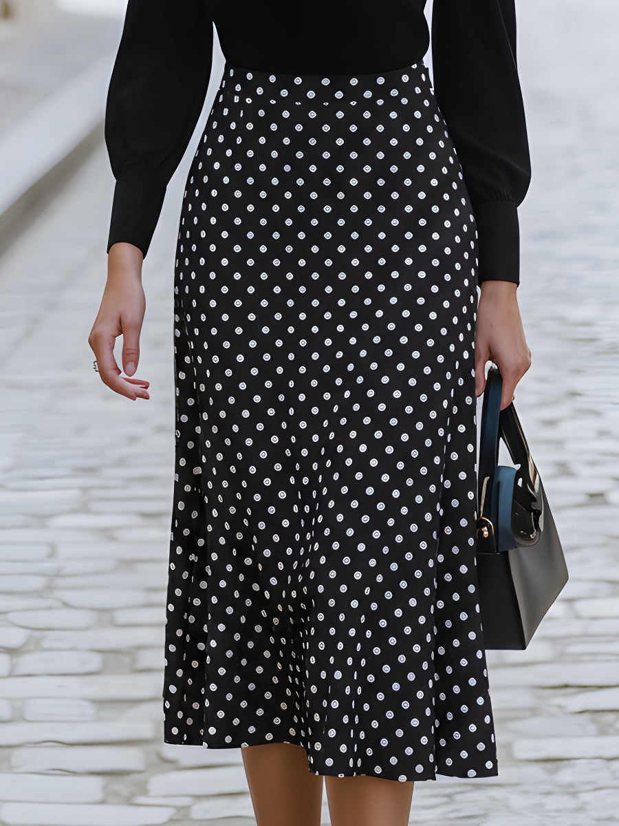 Polka Dot Bow-Tie Blouse And Midi Skirt Set