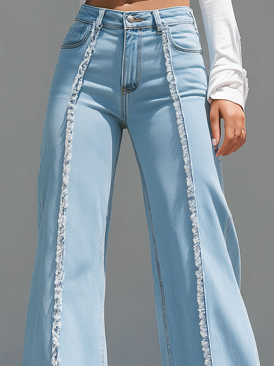 High-Waisted Light Blue Flared Jeans With Raw Edge Seams