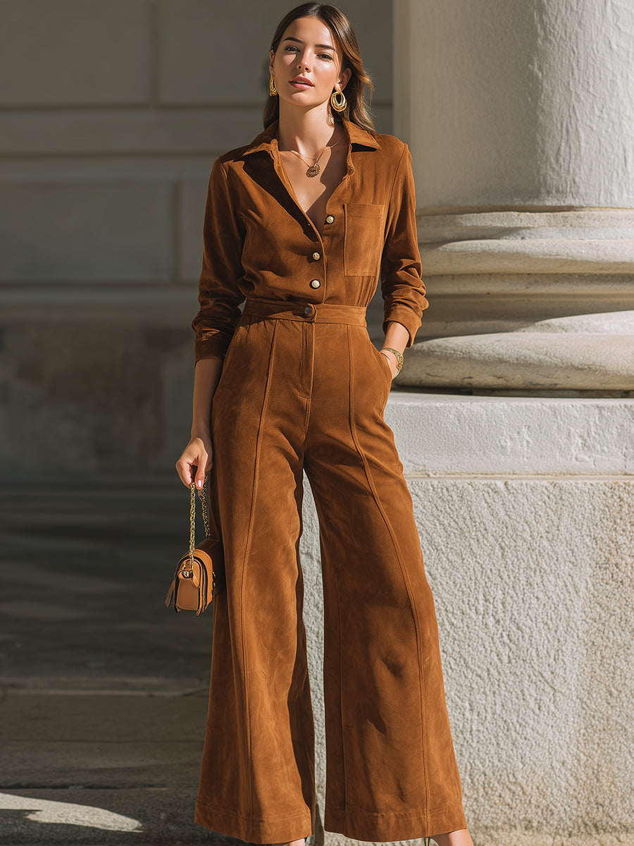 Chestnut Brown Corduroy Set – Shirt & Wide-Leg Pants