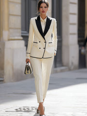 Cream Double-Breasted  Suit Set With Black Contrast Trims