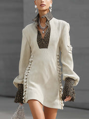 Beige Corduroy Leopard Print Turn-down Collar And Cuff Ruffle Mini Dress