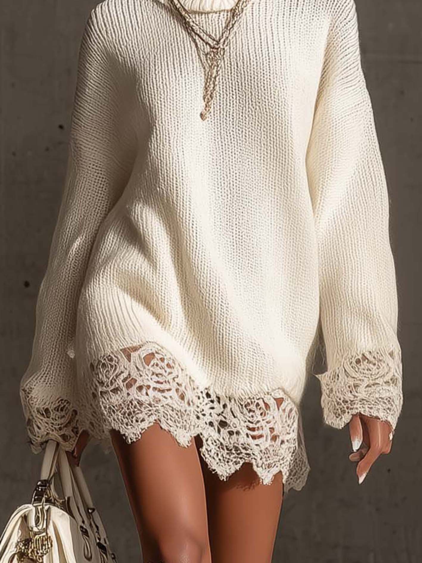 White Turtleneck Knit Mini Dress With Lace Trim