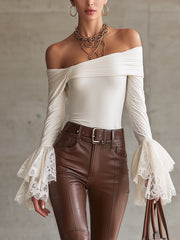 White Off-Shoulder T-shirts With Lace Flared Sleeves