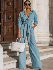 Light Blue Belted Denim Jumpsuit With Wide-Leg Silhouette