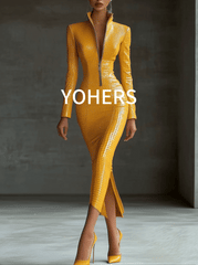 Stylish Yellow Textured Faux Leather Midi Bodycon Dress With Zipper