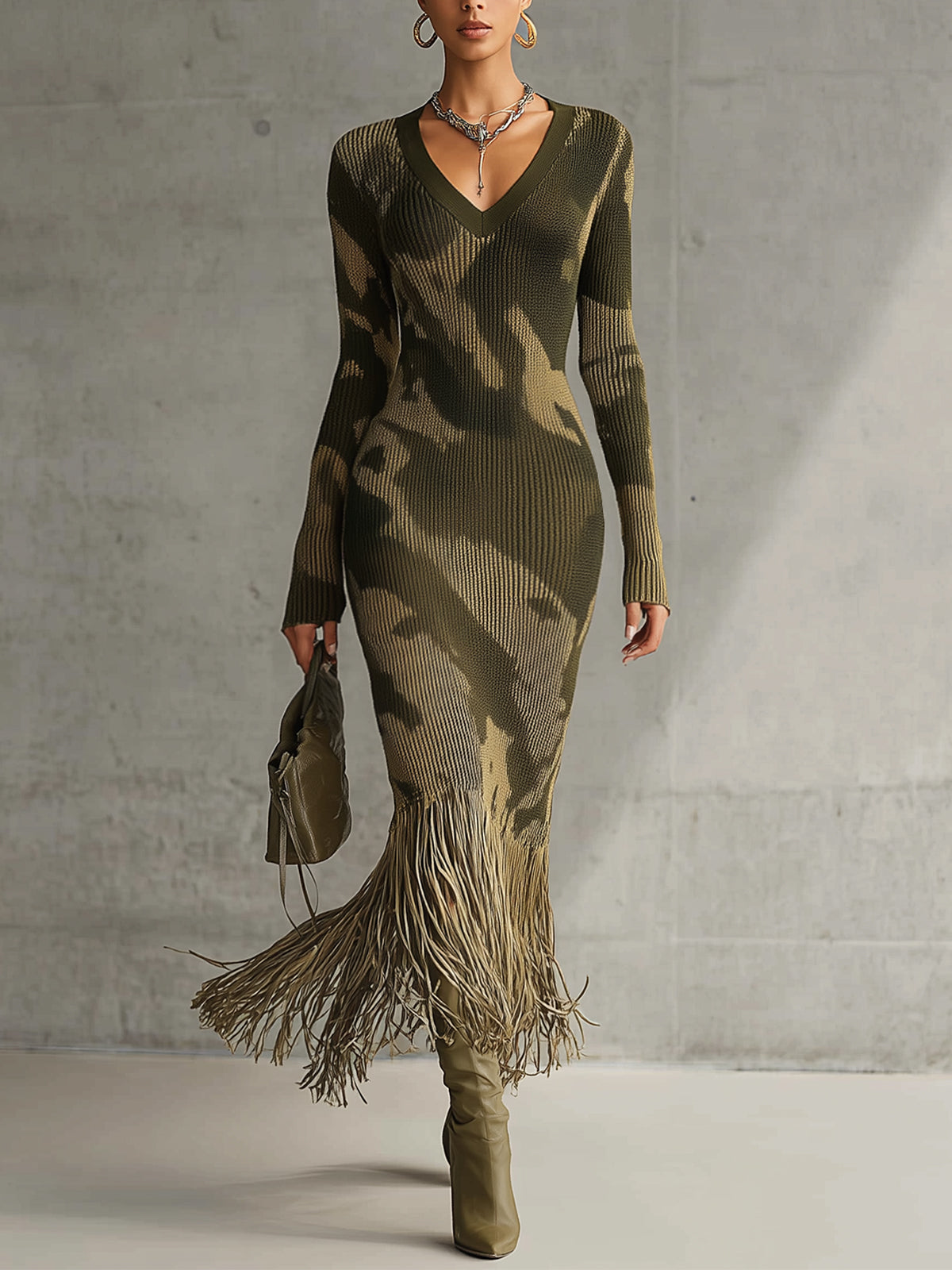 Yohers Olive Camo Knit V-Neck Fringe Hem Bodycon Dress