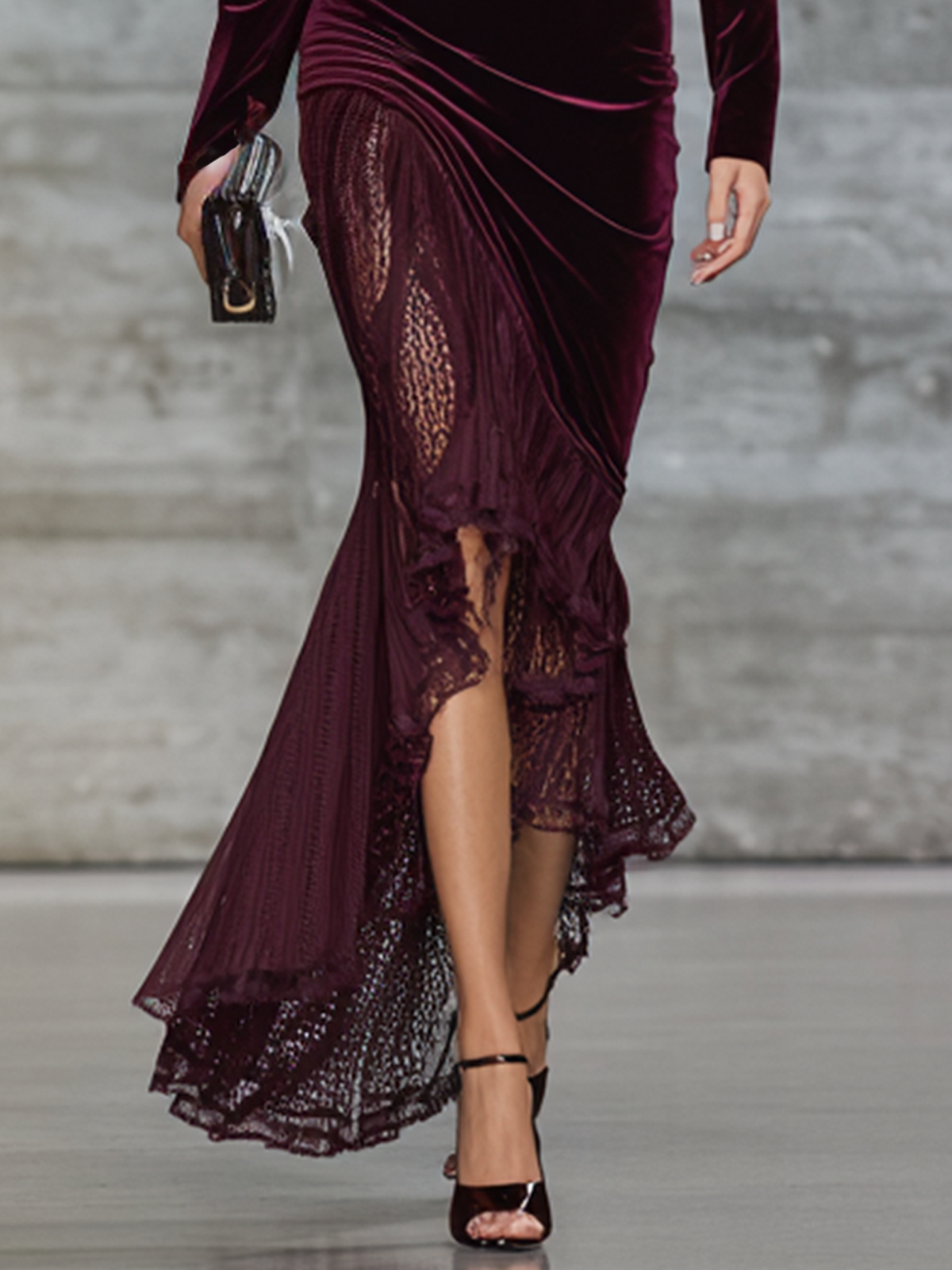 Velvet Lace-Panel Asymmetric One-Shoulder Maxi Dress
