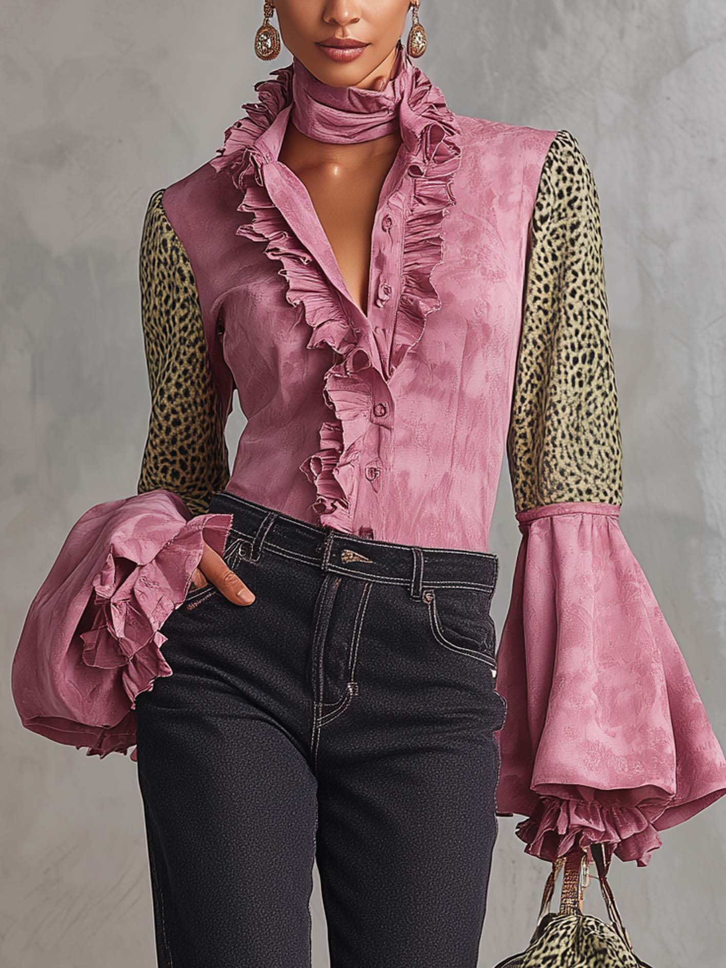 Pink Faux Suede Ruffled Blouse With Green Leopard Sleeves