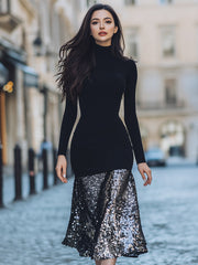 Elegant High-Neck Velvet And Sequin Panel Midi Dress