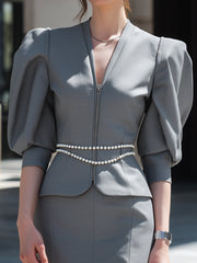 Grey Power Suit With Puff Sleeves