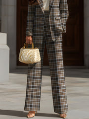 Brown Plaid Single-Breasted Tailored Suit Set