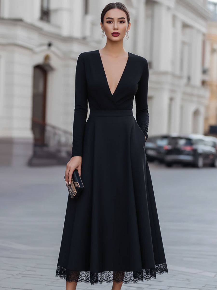 Elegant Black Deep V-Neck Lace-Trimmed Midi Dress