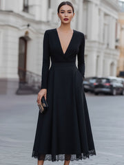 Elegant Black Deep V-Neck Lace-Trimmed Midi Dress