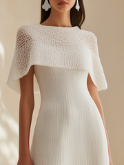 24-Hour-Shipping White Knit Midi Dress With Cape Trim