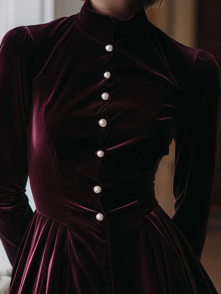 Regal Velvet Pearl-Button Fit-and-Flare Dress