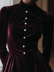 Regal Velvet Pearl-Button Fit-and-Flare Dress
