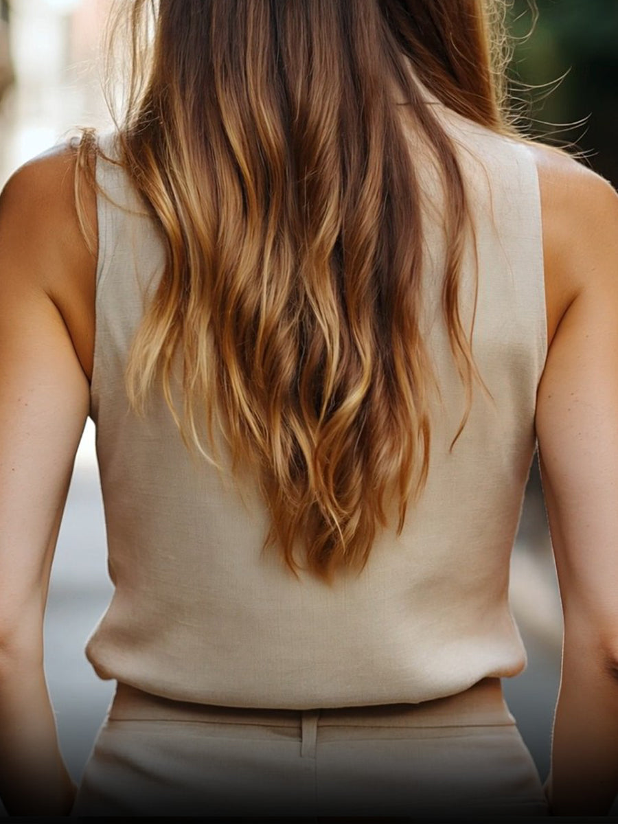 Minimalist High-Collar Sleeveless Linen Blouse