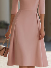 Elegant Blush Pink Cowl Neck Midi Dress With Pleated Details