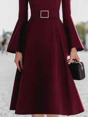 Burgundy V-Neck Bell Sleeve Belted Midi Dress