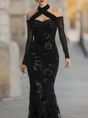 Floral Embroidered Off-Shoulder Mesh Sleeve Mermaid Gown