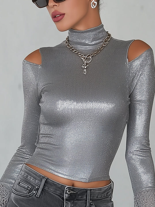 Silver Cold Shoulder Lace Cuff High Neck Shirt