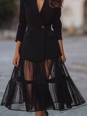 Elegant Black Blazer And Mesh Skirt Set