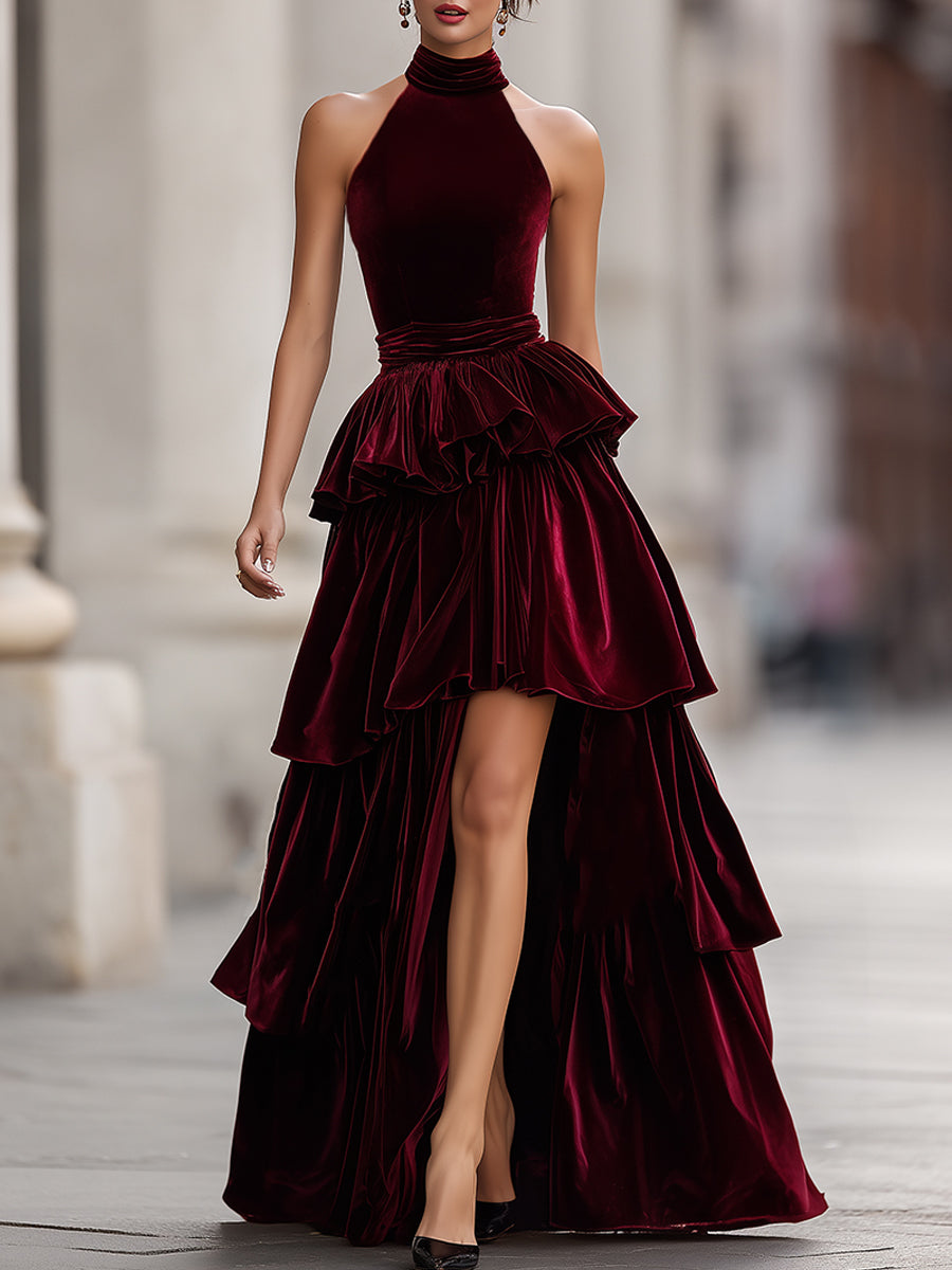 Elegant Velvet Tiered High-Low Evening Gown