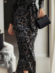 Midnight Glamour Leopard Jacquard Wrap Midi Dress