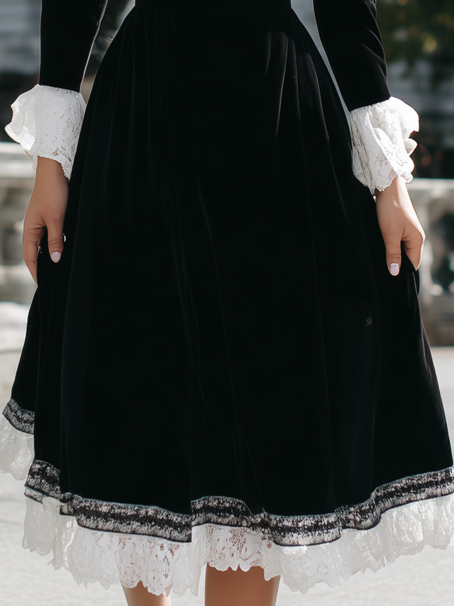 Timeless Grace: Black Velvet Midi Dress With Lace Accents