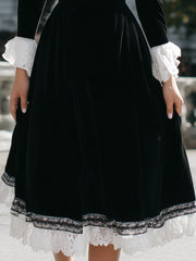 Timeless Grace: Black Velvet Midi Dress With Lace Accents