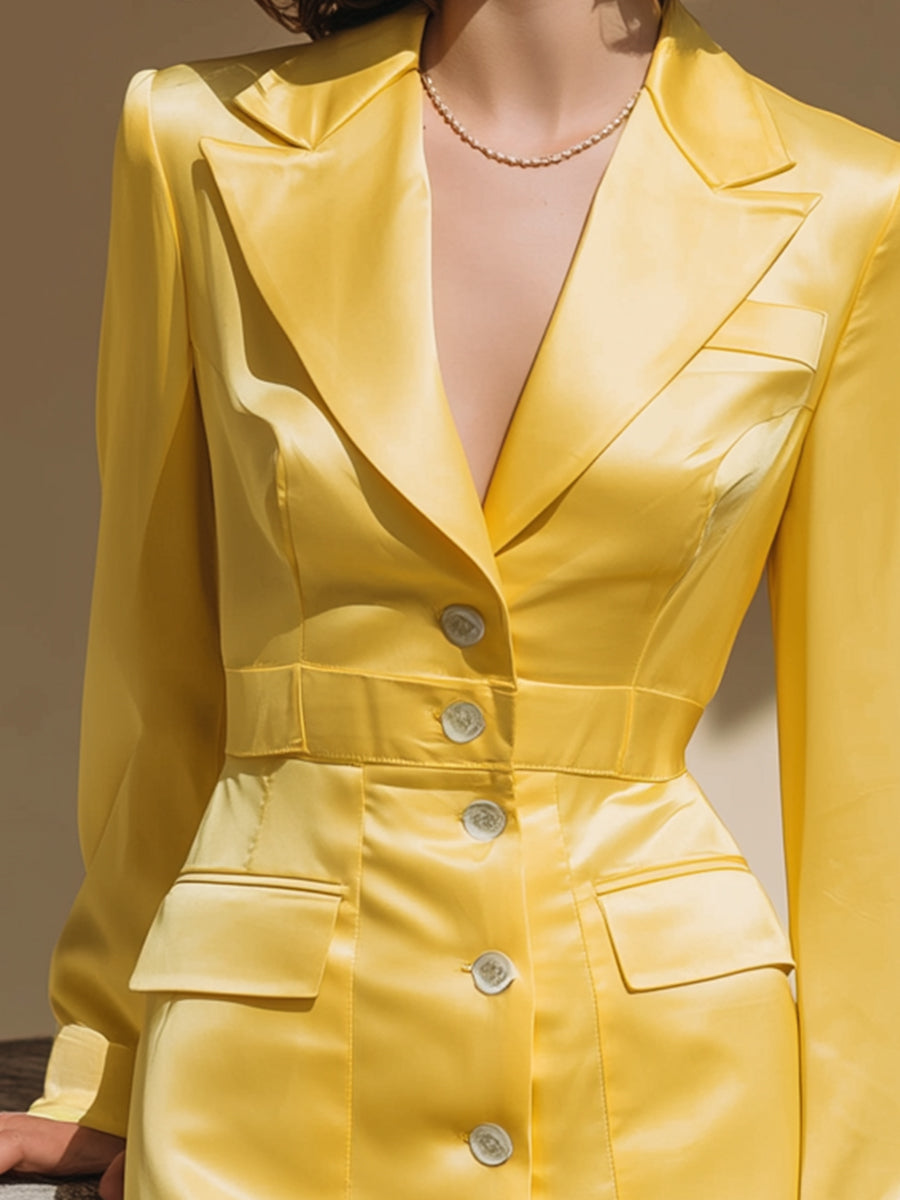 Luminous Yellow Satin Tailored Blazer Dress