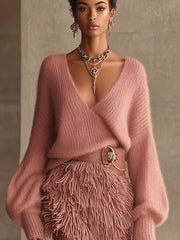 Cozy Pink Mohair Knit Long Sleeve Sweater