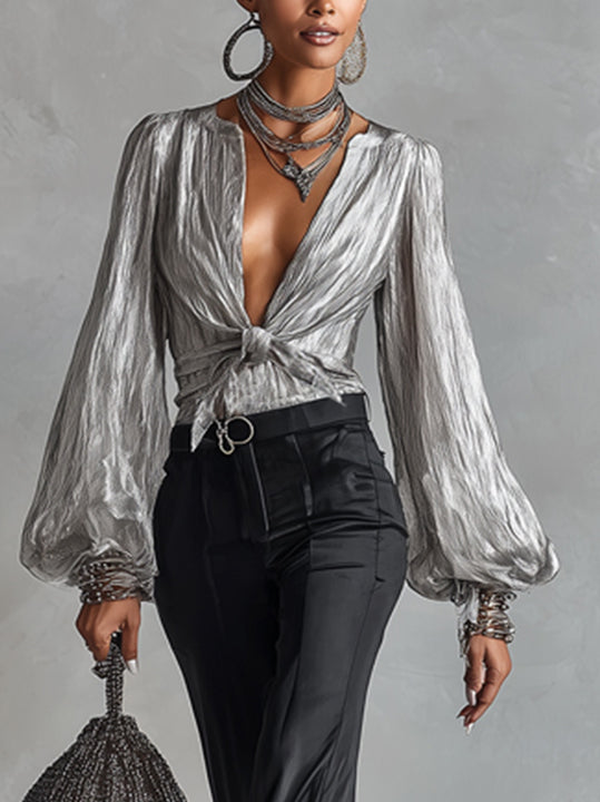 Metallic Silver Deep V-Neck Blouse With Puff Sleeves And Front Tie