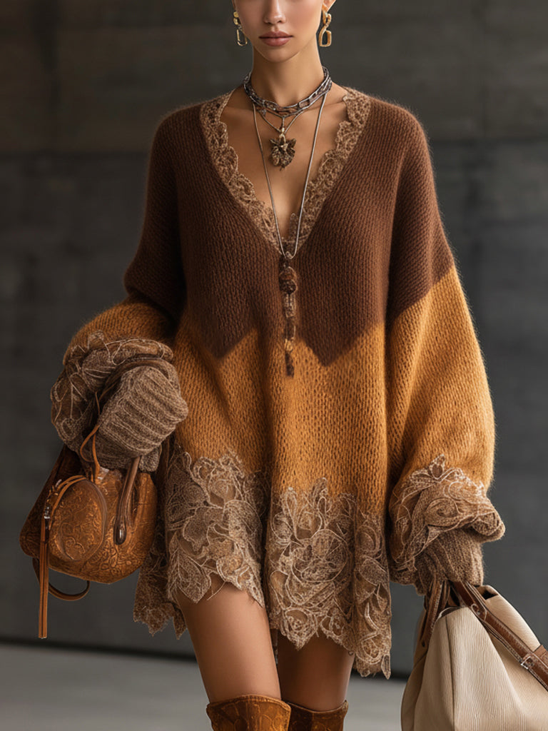 Brown Ombre Knit Lace Oversized Long Sleeve Mini Dress