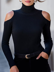 Cutout Shoulder Ribbed Turtleneck Sweater