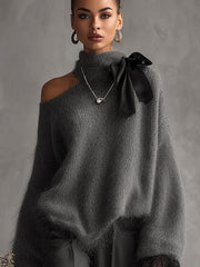 Gray Mohair Knit Sweater With Lace Cuffs