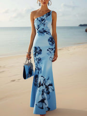 24-Hour-Shipping One Shoulder Light Blue Bodycon Dress With Blue Gradient Floral Print