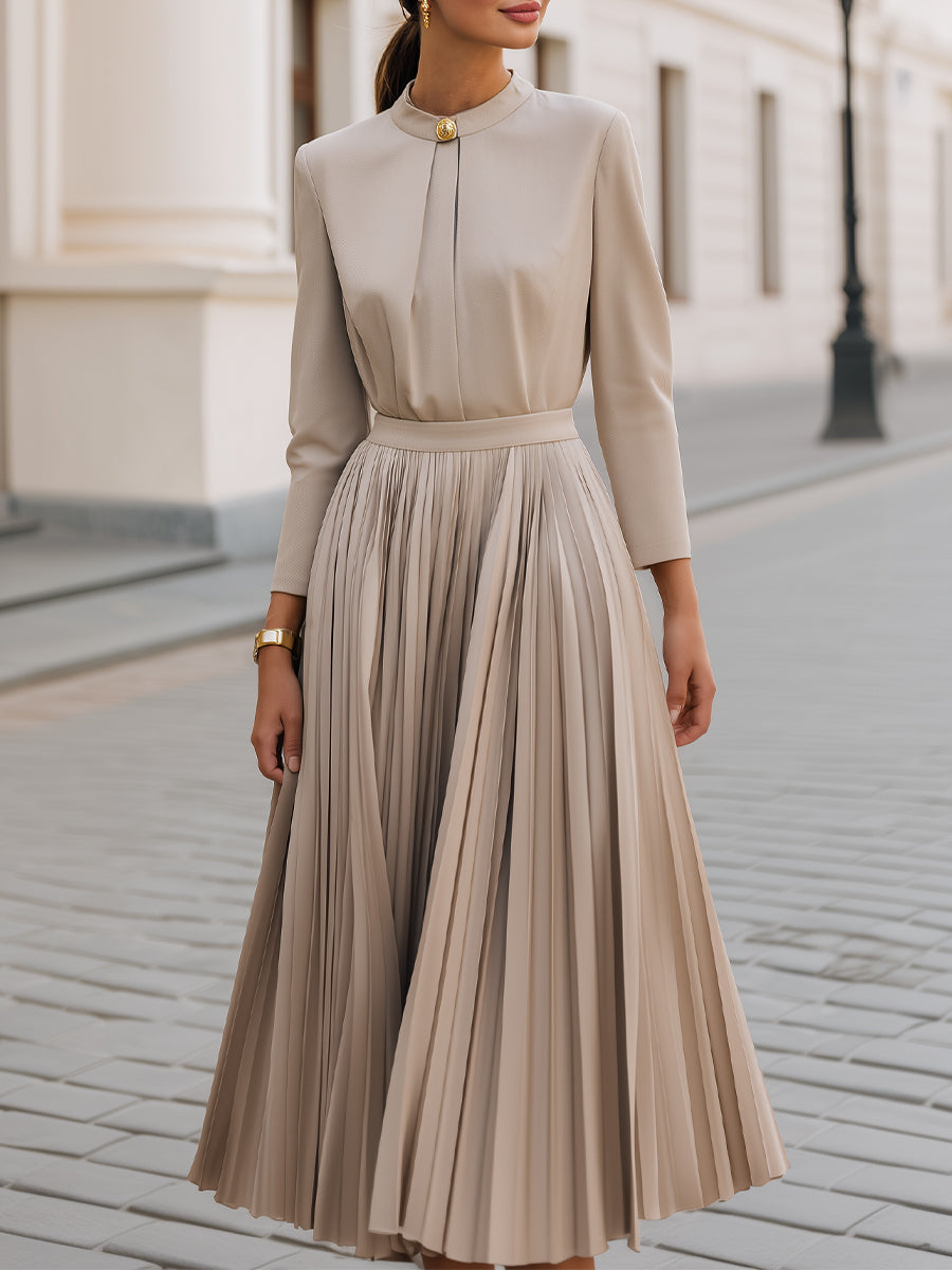 Pleated Midi Dress With Statement Button