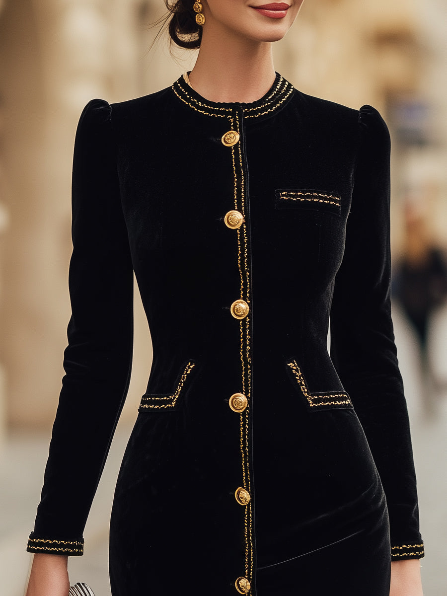Velvet Gold-Trim Buttoned Midi Dress